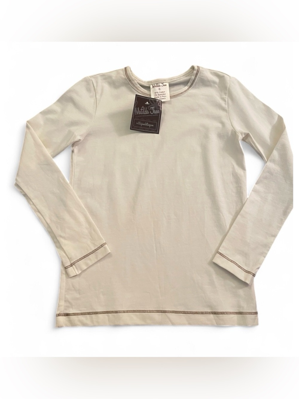 NWT Matilda Jane Long Sleeve White Shirt with Brown Stitching Girls Size 6